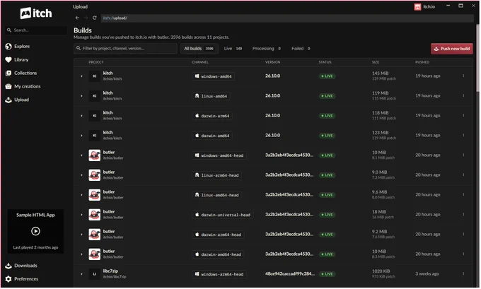 screenshot of itch app showing new Upload tab