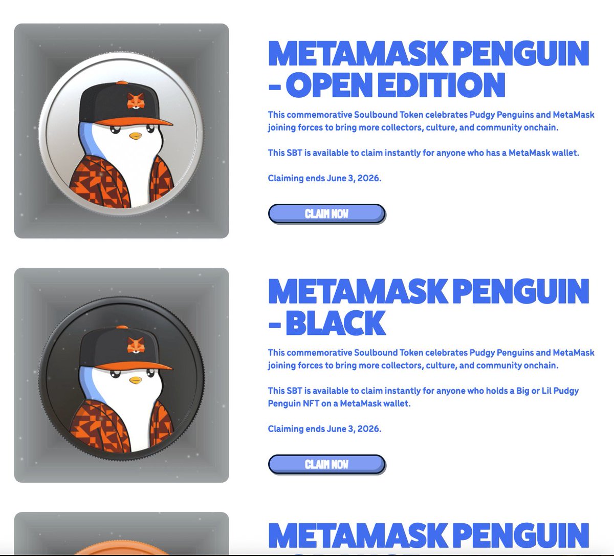 Adellbah's tweet photo. MetaMask x Pudgy Penguins  Free SBT Claim

MetaMask and Pudgy Penguins have released a commemorative Soulbound Token (SBT). 

This is a non-transferable badge that stays in your wallet forever.

Claim Link: https://t.co/yiwcbqsb0H
Deadline: June 3, 2026
Network: Ethereum Mainnet
Cost: Gas fees only

Quick Guide

Eligibility
The main MetaMask SBT is open to everyone. (The other two tiers are for Pudgy/Lil Pudgy NFT holders only).

Requirement: You must use a MetaMask wallet to claim.

Pro Tip Gas is currently high 

So Since the window is open until June, wait for gas to drop below 10–12 gwei (usually weekends) to save on fees.

⚠️ Note If you don't own a Pudgy NFT, ignore the Big and Lil options and only mint the standard MetaMask x Pudgy token.

goodluck
