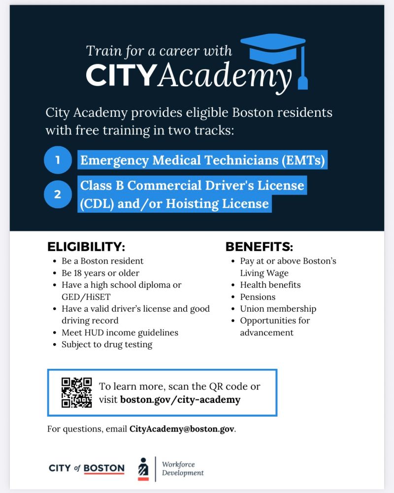 CWF_Boston's tweet photo. City Academy is now accepting applications for both of our upcoming training programs! Our next CDL cohort begins in mid-June, and the EMT class kicks off in August. Don’t miss your chance—apply today!

Here’s the link: https://t.co/kRdMSzWppl https://t.co/wQmV8GLhde