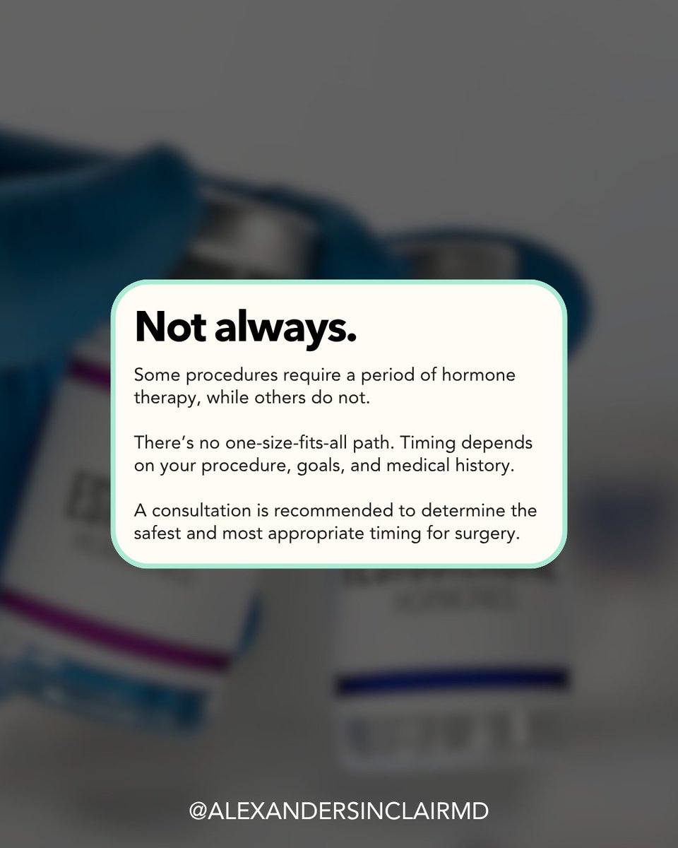 agentofchangemd's tweet photo. Do you need hormone therapy before gender-affirming surgery? Not always.

It depends on your procedure, goals, and individual journey. Some surgeries benefit from a period of hormone therapy, while others don’t require it at all.

Schedule a consultation: https://t.co/7iT9SaAX4m https://t.co/ITHiIxlcJ1