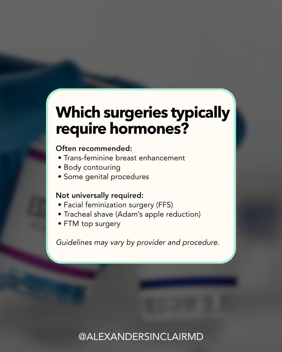 agentofchangemd's tweet photo. Do you need hormone therapy before gender-affirming surgery? Not always.

It depends on your procedure, goals, and individual journey. Some surgeries benefit from a period of hormone therapy, while others don’t require it at all.

Schedule a consultation: https://t.co/7iT9SaAX4m https://t.co/ITHiIxlcJ1