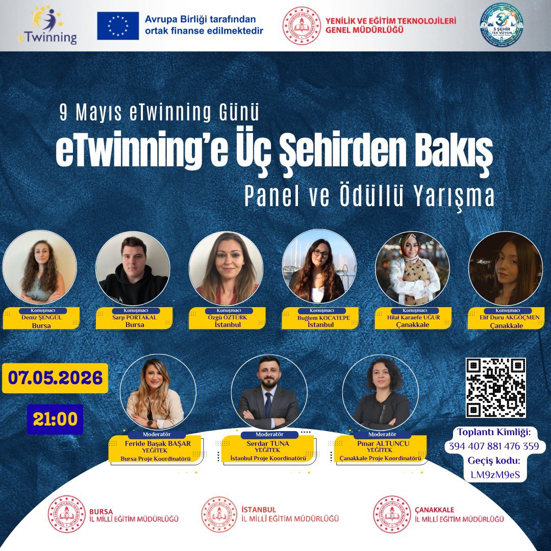📢 3 Şehir Tek Vizyon: eTwinning’e Üç Şehirden Bakış
Bursa, Çanakkale ve İstanbul illerinin ortaklığıyla 9 Mayıs eTwinning Günü kapsamında özel bir çevrim içi buluşma gerçekleştiriyoruz.