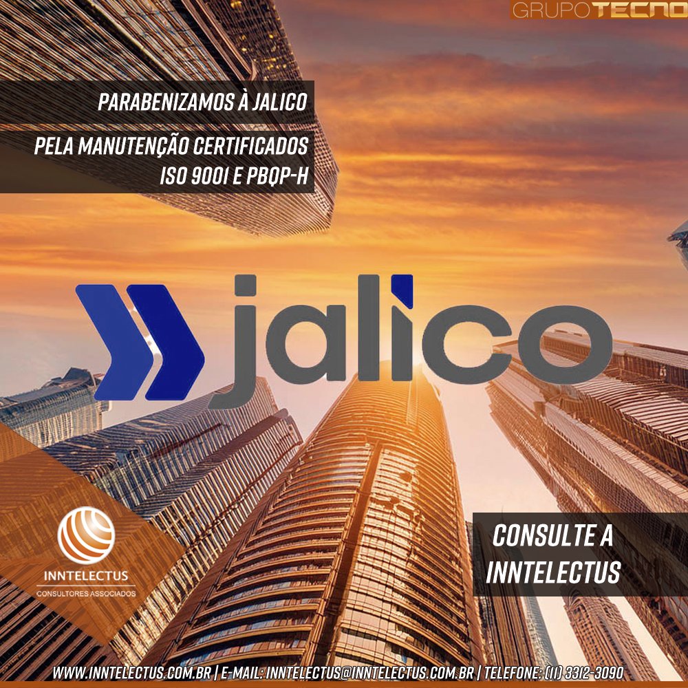 inntelectus's tweet photo. Estamos extremamente orgulhosos em compartilhar a conquista significativa de nosso cliente, a #JalicoEmpreendimentos, da Manutenção dos Certificados #ISO9001 e #PBQPH, com a qualidade INNTELECTUS

Maiores informações: https://t.co/jQxaybTbEp

#GrupoTecno #INNTELECTUS https://t.co/ucJkguNZbw