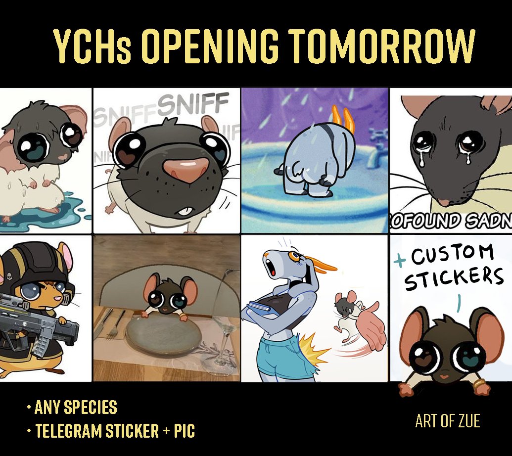 ArtOfZue's tweet photo. ✨ YCHs opening tomorrow!✨

 I'll be taking slots for stickers and.. a new type of commissions👀 https://t.co/DBJxWEs6Qc