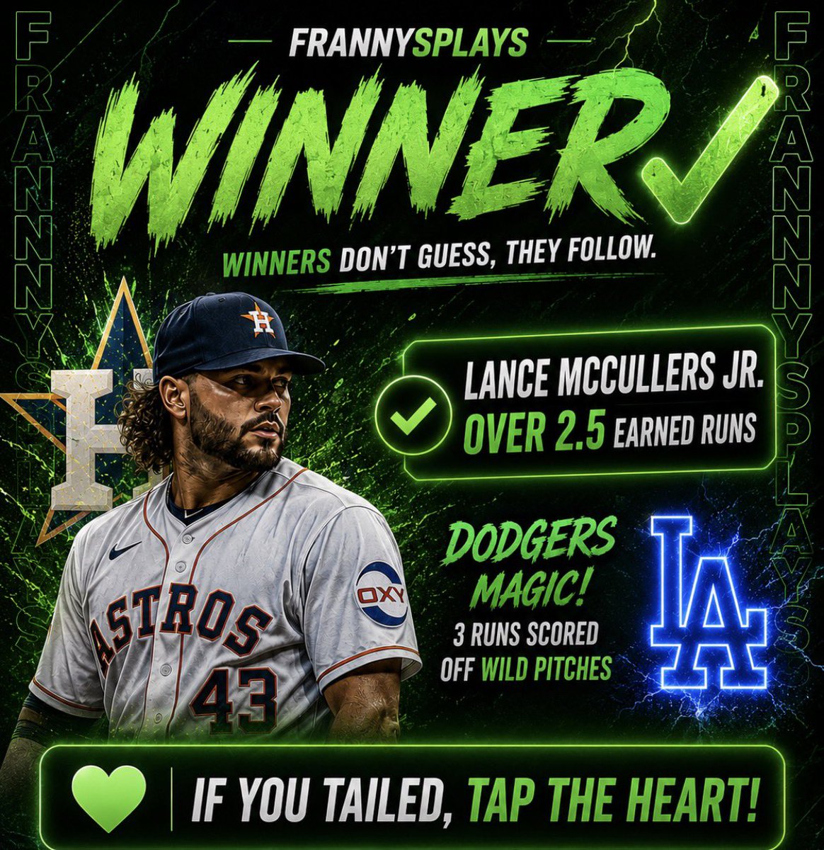 FrannysPlays's tweet image. Lance McCullers Over 2.5 Earned Runs ✅
#ChaseTheFight 

3 Runs Off Wild Pitches &amp;amp; A 3 Run Homer From Pages! 6 Total Earned 👀

❤️ if you tailed!