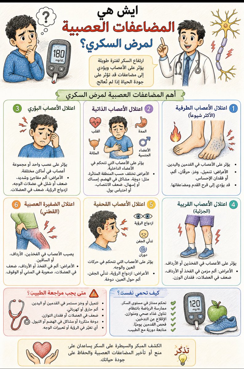 DrMD_H's tweet photo. 🧠 ايش هي المضاعفات العصبية للسكري؟!

اعتلال الأعصاب الطرفية
اعتلال اعصاب الدماغ 
اعتلال الأعصاب اللإرادية 

و غيرها بالصورة 

️ كيف تحمي نفسك؟✅✅
-ضبط السكر (أهم خطوة)
-رياضة منتظمة
-أكل صحي
-فحص القدمين يوميًا
-مراجعة دورية https://t.co/fJKpYuykTa