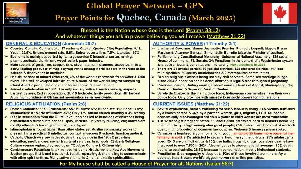 GlobalPrayNetrk's tweet photo. Please pray for the Quebee, Canada Standing together in faith, hope, and compassion 🙏 #Prayer #PrayerPoints #Canada #GlobalPrayerNetwork #GPN #PrayEarnestly https://t.co/Xt7y4exhVS