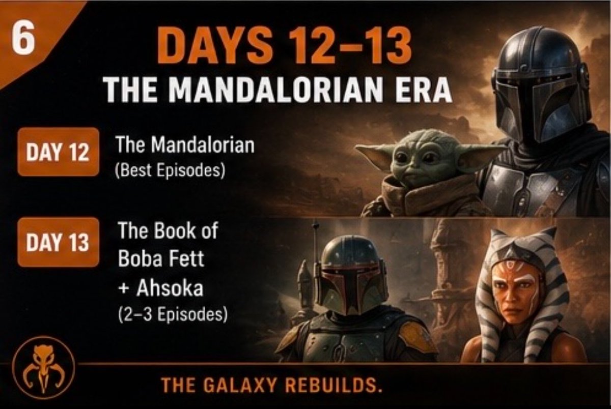 0xChuchi's tweet photo. DAYS 12–13

THE MANDALORIAN ERA

Day 12: The Mandalorian (best eps)
Day 13: Boba Fett + Ahsoka

👉 The galaxy rebuilds. https://t.co/xVO15Vrv3u