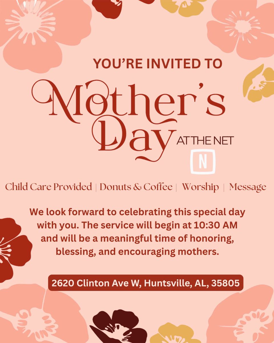 TheNetHsv's tweet photo. Join us this Mother’s Day 💐

We can’t wait to celebrate, honor, and encourage all the amazing moms in our lives. Come enjoy a meaningful service, donuts/coffee, and time together as a community. 

Service begins at 10:30 AM and childcare is provided 🩷

#mothersday https://t.co/h9ChxDpshD