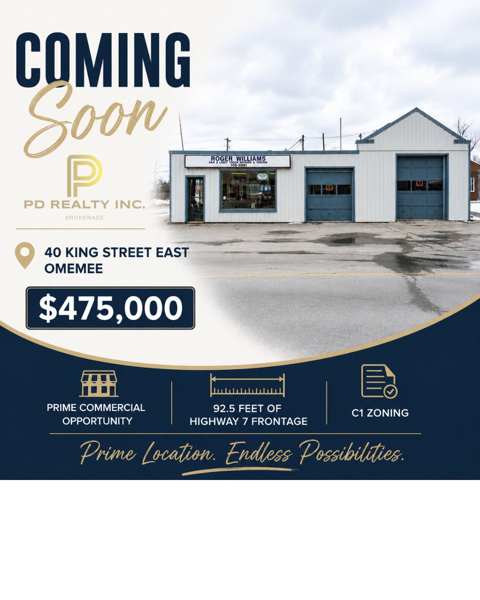 PDREALTYINC's tweet photo. Coming Soon in Omemee!

This exciting commercial opportunity will hit https://t.co/9EW1ayuvuG tomorrow

This well known commercial property is ready for its next owner and has operated as a successful automotive repair shop for over 40 years.

The C1 zoning permits a wide variety of uses including professional offices, retail and convenience stores, health centres, recreational service shops, personal service businesses, upholstery and furniture repair, and even residential units within a building containing a permitted non residential use.

40 King Street East, Omemee
$475,000

An excellent opportunity for investors, business owners, or entrepreneurs looking for a prime Highway 7 location with outstanding exposure and endless possibilities.