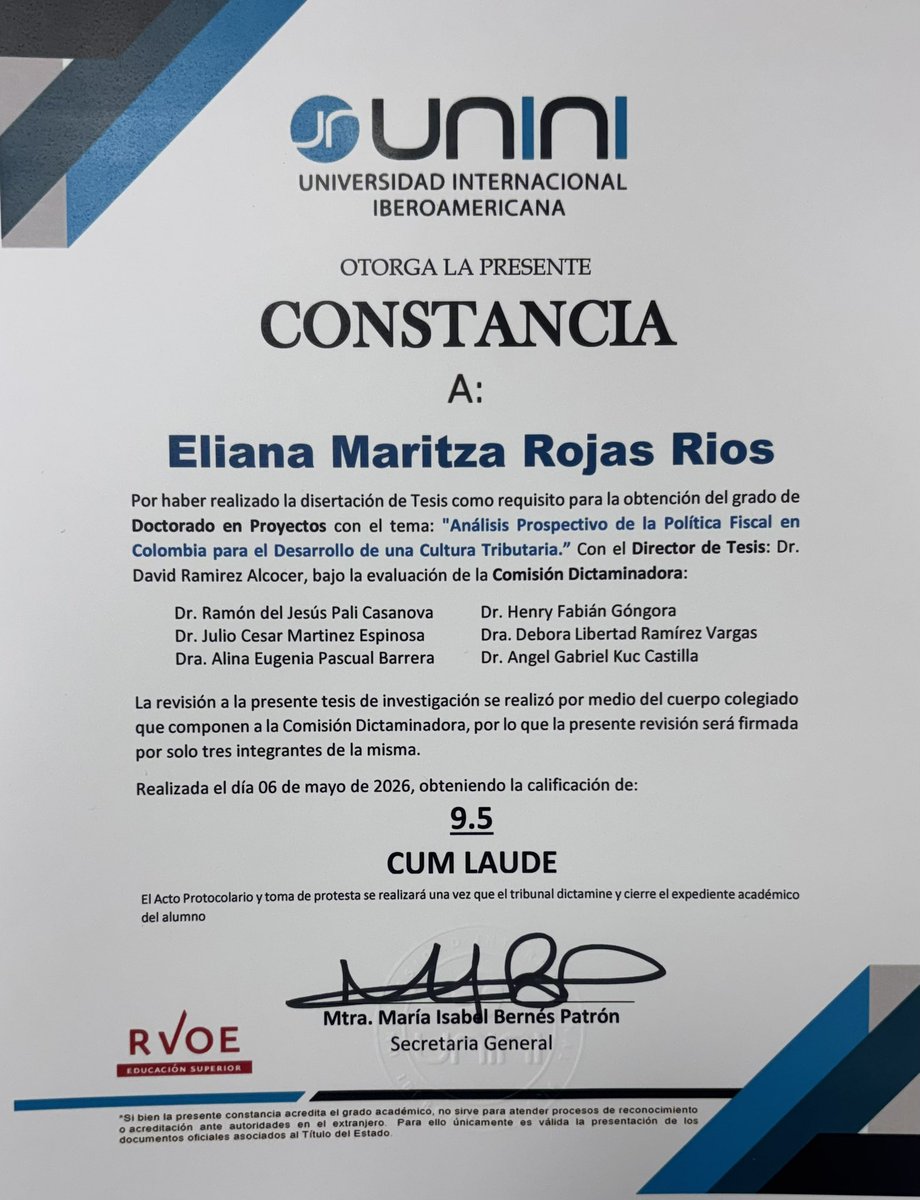 🔔🔔🔔 Hoy es uno de los días más felices de mi vida por el orgullo que siento de mi esposa Eliana Rojas Rios. Obtuvo la calificación en su tesis doctoral CUM LAUDE.