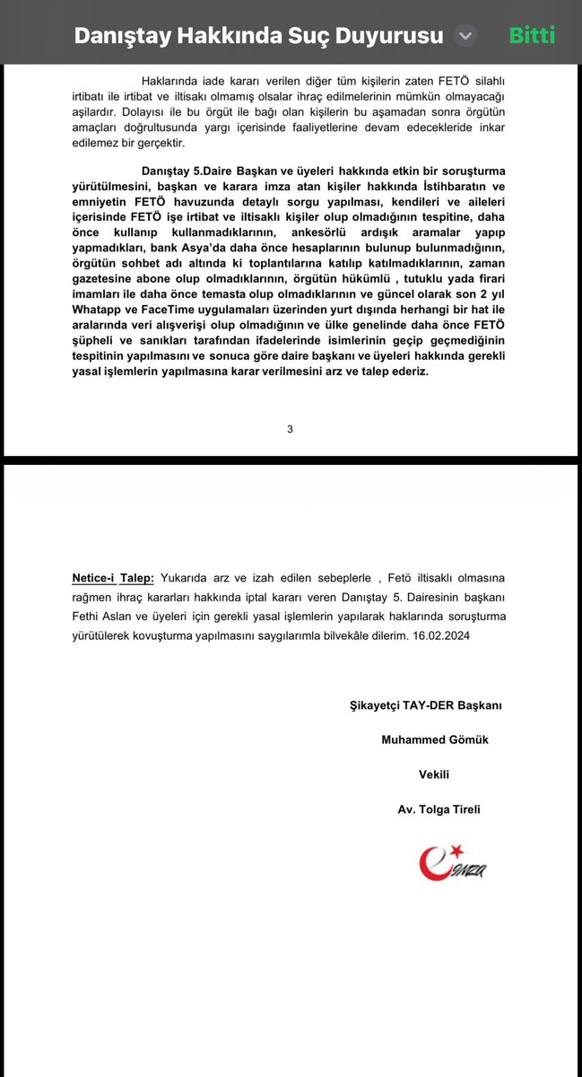 muhammedgomuk's tweet photo. Danıştay 5. Ceza dairesi hakkında 2024 yılında Fetulahçı Terör Örgütüyle Sivil Mücadele Platformu (TAYDER) olarak suç duyurusunda bulunmuştuk. İlgili başvurumuzun talep kısmı aşağıdadır.

Şimdi bir kez daha yarın Danıştay 5. Daire Başkan ve Üyeleri hakkında suç duyurusunda bulunacağımızı beyan ederim.