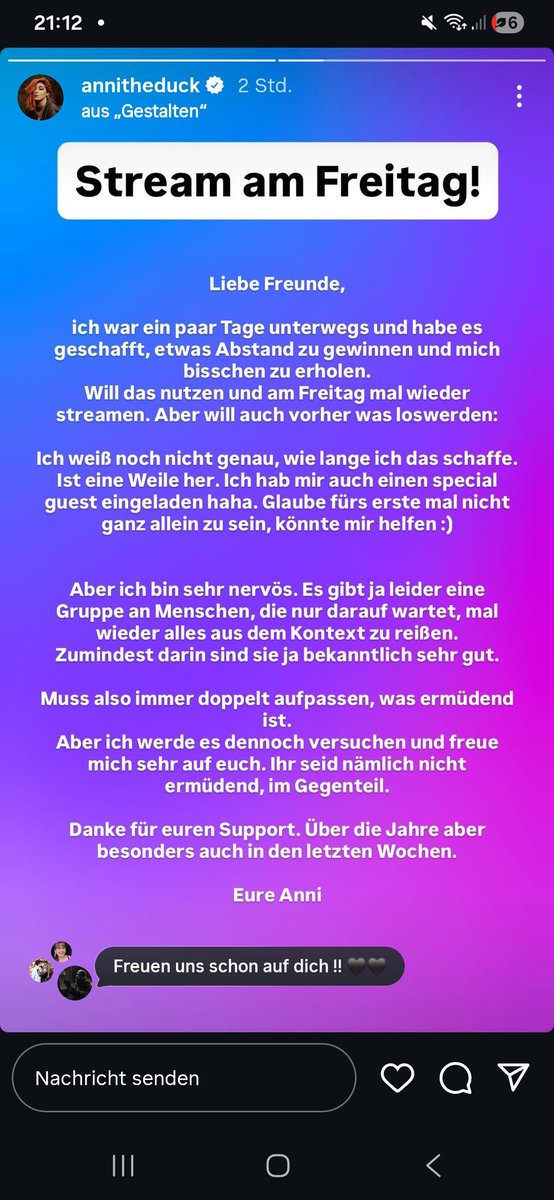 MuricTube's tweet photo. AnniTheDuck kündigt ihr großes Streaming-Comback für Freitag an und erwähnt einen Special-Guest, welcher ihren Stream begleiten wird. Die Befürchtung, dass die Bubble rund um Mowky, Reved, Rezo und Co. ihren Stream beobachten - und Worte aus den Kontext reißen werden - ist groß. https://t.co/dEhoQxHgXA