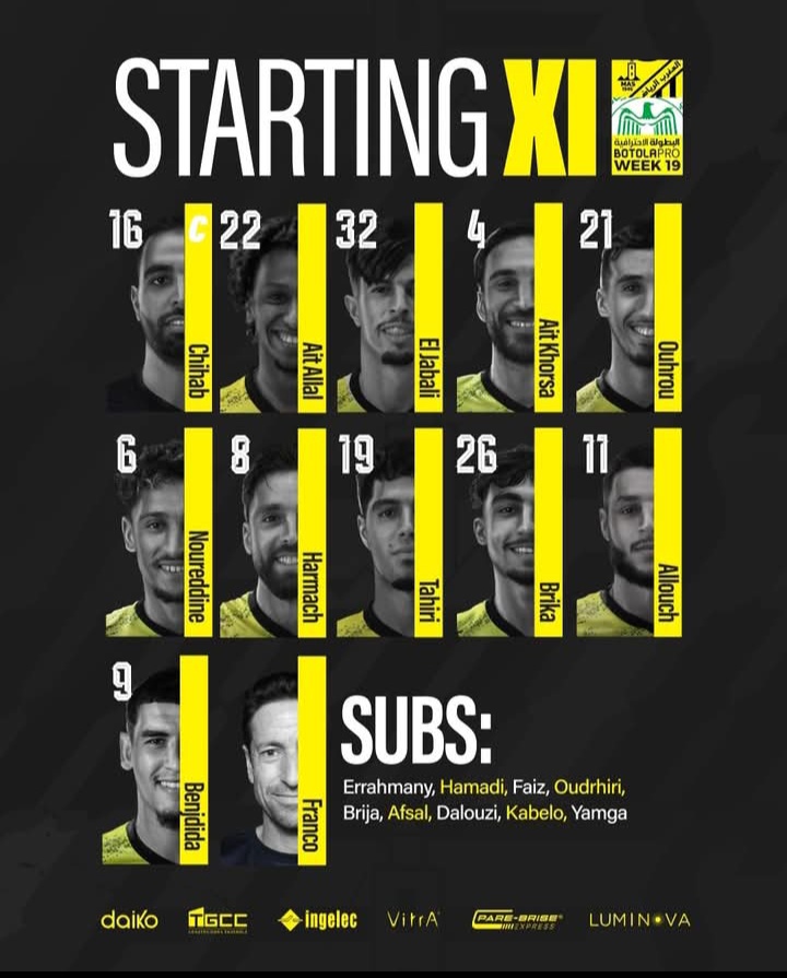 INSIDER_MAS's tweet photo. ⚽🚨

🟡⚫Voici le onze choisi par le coach pour la rencontre du jour. #MASRCA

 Allez MAS, mrboha 💛🖤

#Dima_MAS🐯 https://t.co/vueGUy9vGX