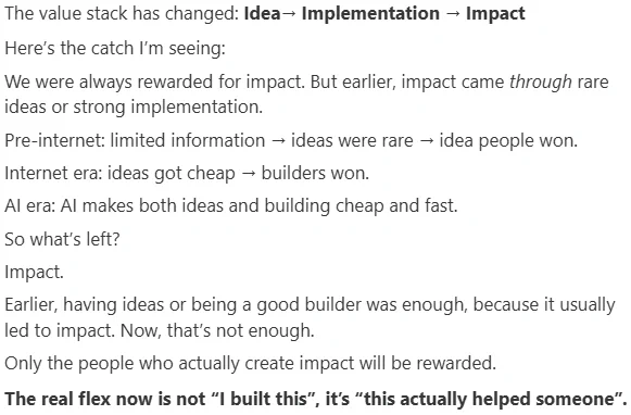 The value stack has changed: Idea→ Implementation → Impact
Here’s the catch I’m seeing:
We were always rewarded for impact. But earlier, impact came through rare ideas or strong implementation.
Pre‑internet: limited information → ideas were rare → idea people won.
Internet era: ideas got cheap → builders won.
AI era: AI makes both ideas and building cheap and fast.
So what’s left?
Impact.
Earlier, having ideas or being a good builder was enough, because it usually led to impact. Now, that’s not enough.
Only the people who actually create impact will be rewarded.
The real flex now is not “I built this”, it’s “this actually helped someone”.