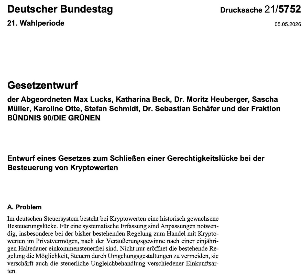 Wirklich unglaublich: Die Grünen haben jetzt tatsächlich den ersten Gesetzentwurf zur Abschaffung der steuerfreien Haltefrist bei Bitcoin und Krypto eingebracht.

Begründet wird das Ganze mit dem „Schließen von Gerechtigkeits- bzw. Besteuerungslücken“. Gleichzeitig sollen