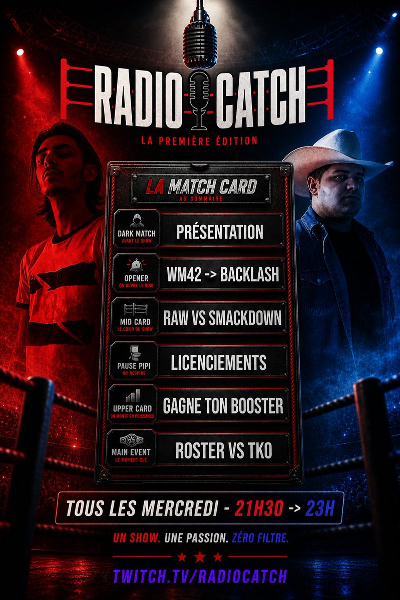 radiocatch_'s tweet photo. 📷 Ce soir, on lance la toute première émission Radio Catch !  Analyse, débats, actu… ça va claquer comme un powerbomb en direct 📷On compte sur vous pour réagir en live avec le hashtag #RadioCatch 📷 https://t.co/1Z5PufeyF5

TwitchRadioCatch - Twitch📷 https://t.co/lbkKKGspQh