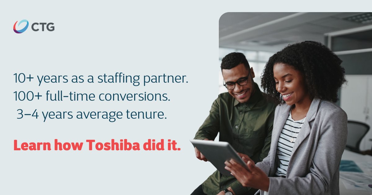 CTGinc's tweet photo. 10+ years. 100+ full-time conversions. 3–4 years average tenure.

For over a decade, CTG has partnered with Toshiba to fill vital roles across IT, HR, accounting, and more, resulting in hundreds of successful placements and lasting employee relationships: https://t.co/f0xwdwVujV https://t.co/ybxjiaTQoj