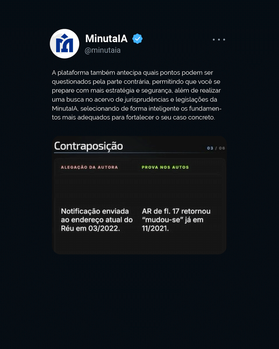 MinutaIA's tweet photo. O Visual Law redefine o padrão de produtividade jurídica ao converter textos extensos em ativos estratégicos de fácil compreensão. A tecnologia permite a geração automática de estruturas visuais que abrangem desde a linha do tempo até a correlação de provas, assegurando uma visão panorâmica e fundamentada do caso.

A MinutaIA disponibiliza essa e outras soluções desenvolvidas para suportar as exigências da advocacia contemporânea.

Otimize a inteligência processual e priorize a excelência na tomada de decisão. Venha para a MinutaIA.