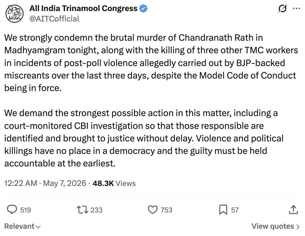 TMC recognises what a major escalation the murder of Chandranath Rath is and its top leaders are immediately running for cover

The top leadership of TMC must not be spared
They need to be jailed immediately for their malicious conduct post results