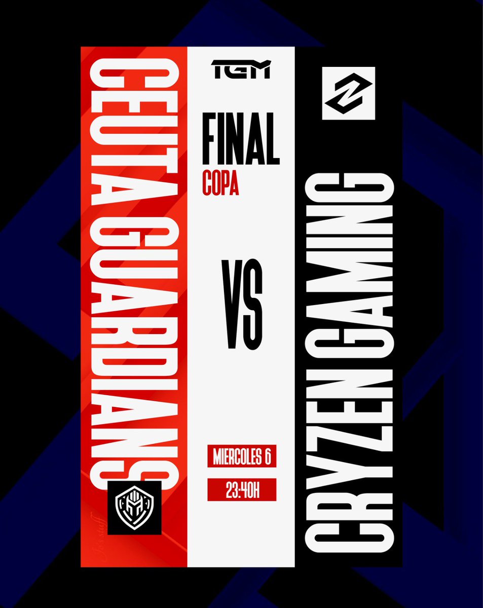 LigaTGM's tweet photo. #FinalCopa | @MacronSports 

La Copa llega a su momento Final 🏆

@CeutaGuardians repite en otra gran final, siendo el único equipo que ha estado en ambas citas, reafirmando su dominio y constancia.

@CryZeNGaming no se lo pondrá fácil.

Una final, 2 aspirantes y un solo campeón. https://t.co/fDfY12dWls