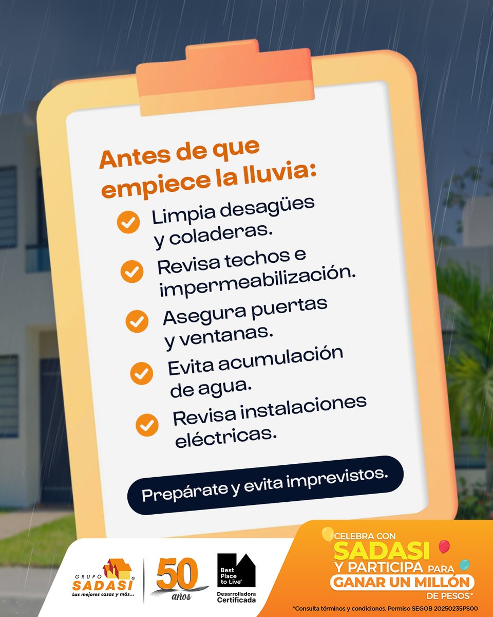 Preparar tu hogar para la temporada de lluvias puede ahorrarte muchos problemas 🌧️🏡. 

Con este checklist básico puedes anticiparte y mantener tu casa segura, funcional y lista para cualquier cambio de clima ✨. 

📲 Guarda este post y tenlo a la mano cuando lo necesites.