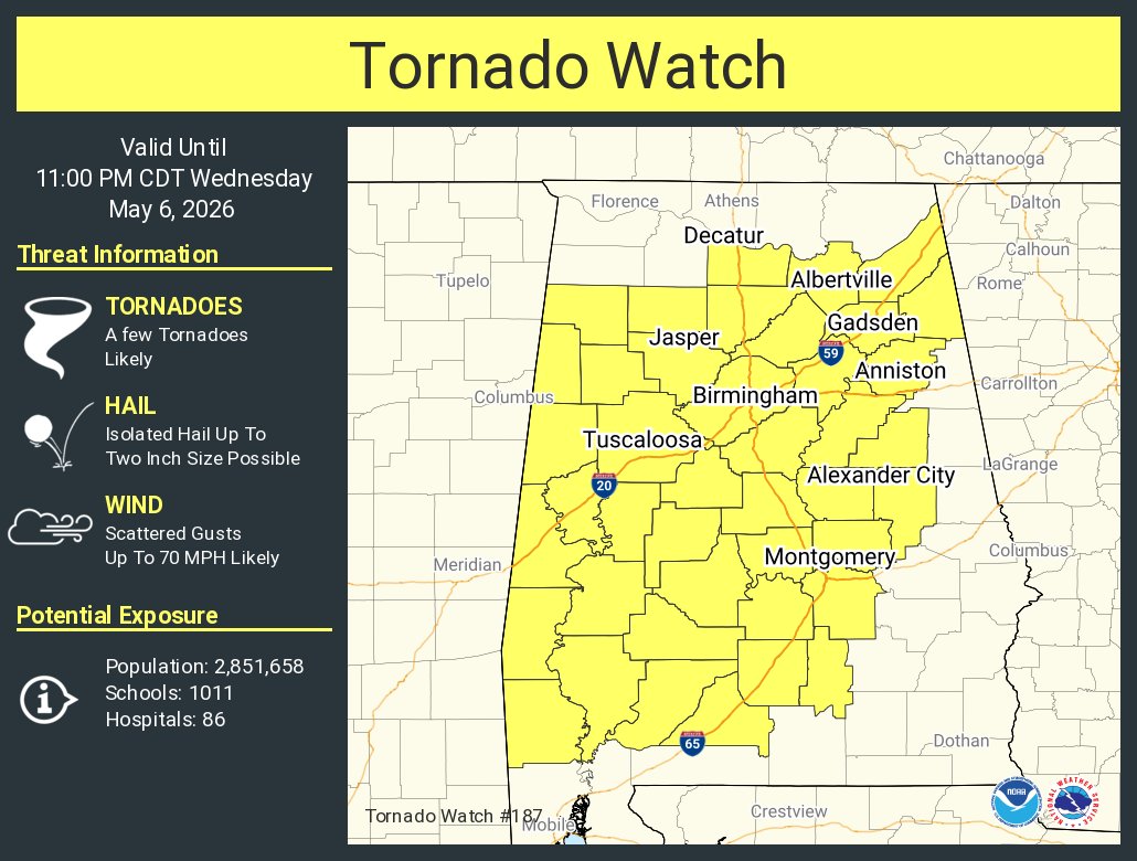 NWSHuntsville's tweet photo. A tornado watch has been issued for parts of Alabama until 11 PM CDT https://t.co/YgjQVC9mjN