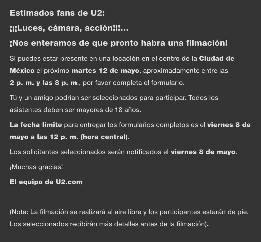 u2mexico's tweet photo. Atención, fans de U2 en México!!!.
El mensaje de u2com respecto a la filmación es el siguiente.
>>>Es importante que lo llenen solo si pueden disponer del proximo martes en ese horario.<<<
Suerte!!!
https://t.co/Jj3HnTmKJc
#U2 #U2Fans #U2com #U2Mexico https://t.co/e5TRQo5yF7
