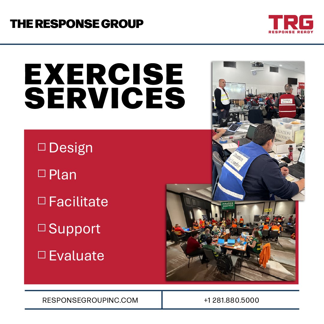 ResponseGroup's tweet photo. The Response Group has been directly involved in the pre-planning and facilitation of a wide range of emergency response drills/exercises, both in the US and internationally.

Contact us today to set up an exercise for your team: https://t.co/uTreFSNRmI #preparedness #emergencymanagement #publicinformation #trgresponseready