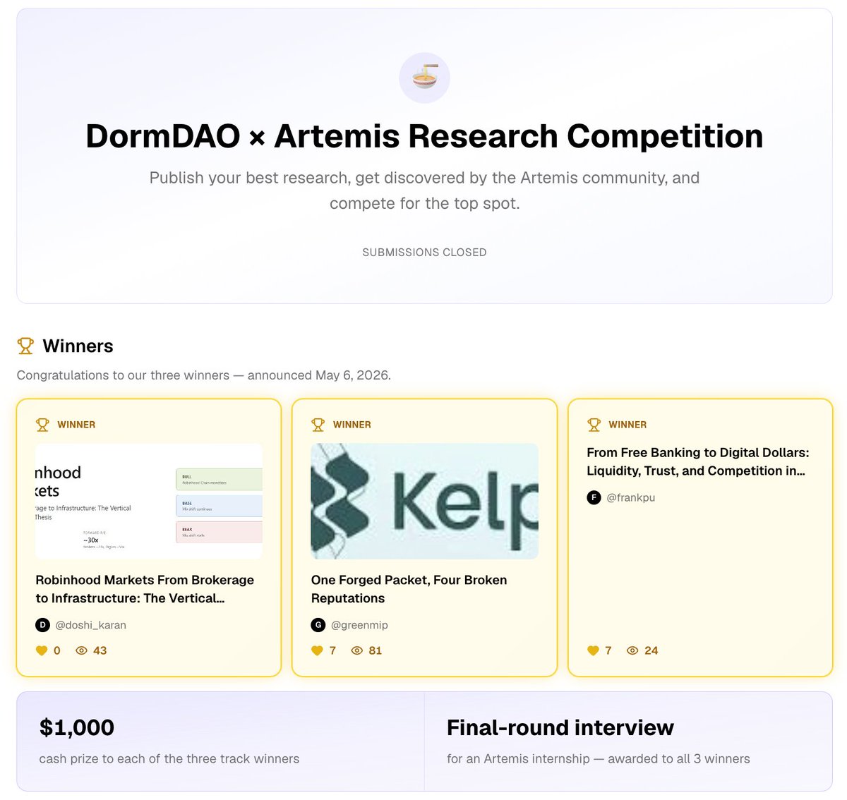 jonbma's tweet photo. WINNERS of @Dorm_DAO @Artemis 2026 competition: 

🏆 @pu_frank29812 @nyubnf : Deep Dive and History behind Stablecoins
🏆 @Link_Marine12 @tharunekambaram @IU_Blockchain : Deep Dive on @KelpDAO Hack
🏆 Karan at @NEU_Blockchain : $HOOD long thesis

Congrats for crushing it :) 

We have over 60 submissions and @0xpampa and @artemis team were impressed with Frank, Michael / Tharun and Karan piece.

Read their pieces here:

Sending you all the USDC and final round interviews shortly ...
