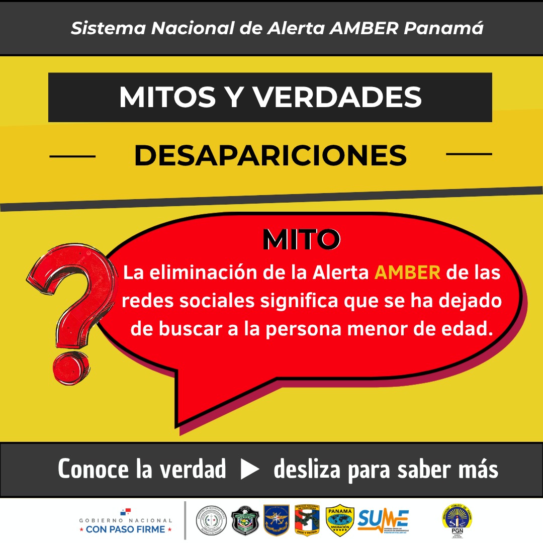 AlertaAmberPma's tweet photo. Existe la creencia de que al desactivarse una Alerta AMBER, se detiene la búsqueda.
"Esto es falso."

📲 Desliza este carrusel y conoce la realidad.
👉 La colaboración ciudadana es fundamental hasta que logremos que regresen a casa.

#AlertaAmberSomosTodos #AlertaAMBERPanamá https://t.co/WssUYvFe69