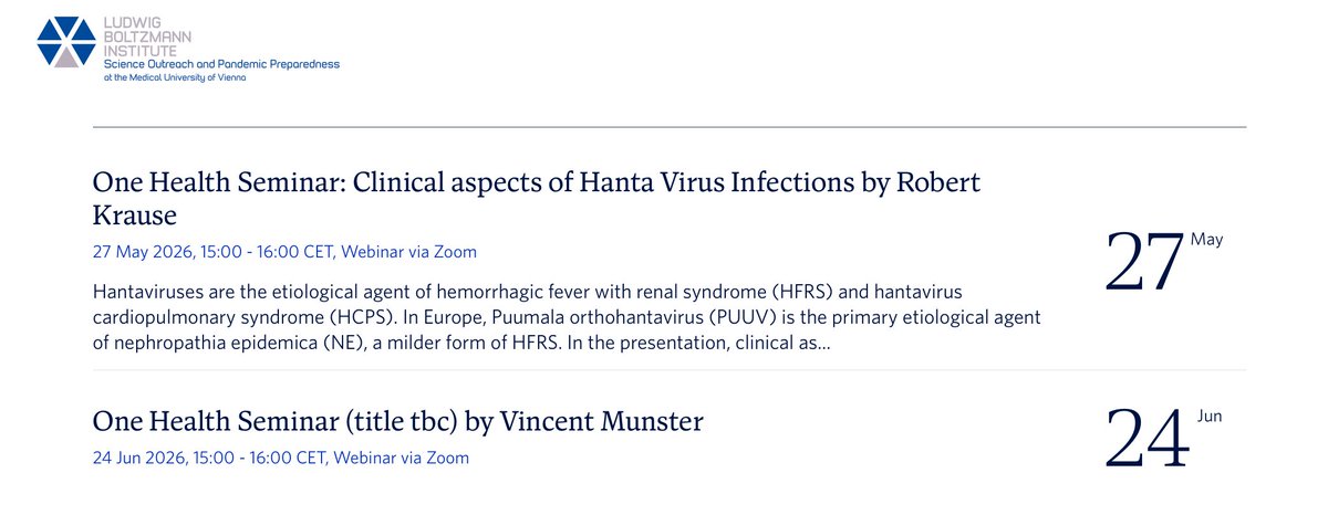 FrauHodl's tweet photo. We should all attend! 💥

One Health Seminar: Clinical aspects of Hanta Virus Infections by Robert Krause
- May 27, 2026

One Health seminar afterwards: 
- Vincent Munster on June 24, 2026

Ludwig Boltzmann Institute for Science Outreach and Pandemic Preparedness at the Medical University of Vienna.

Robert Krause, M.D., DTMP, is leading the Division of Infectious Diseases, Department of Internal Medicine, and ECMM excellence center, at the Medical University of Graz, Austria. 

Isn't Florian Krammer from Vienna, Austria? 🇦🇹