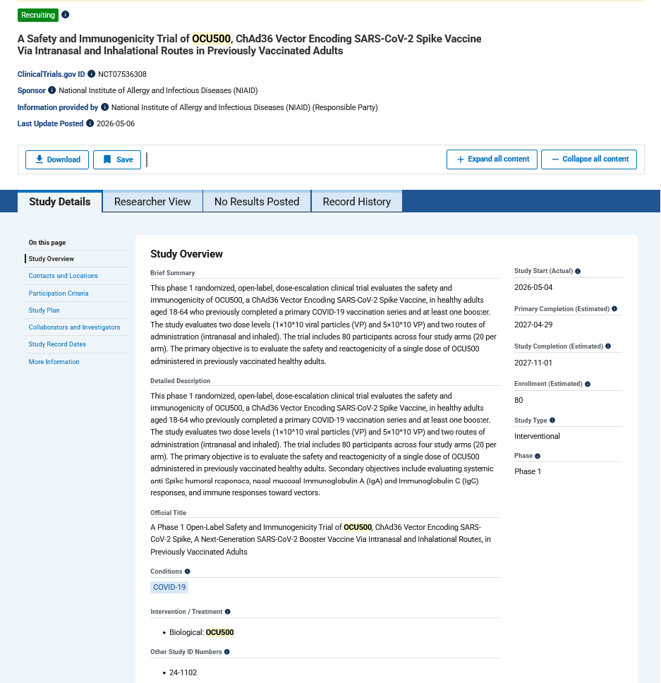 Mr_Yambone's tweet photo. $OCGN Should hear some news from WashU or NIAID soon for OCU500. It is now "Recuriting." Any day now. https://t.co/qLBE6JA8GN