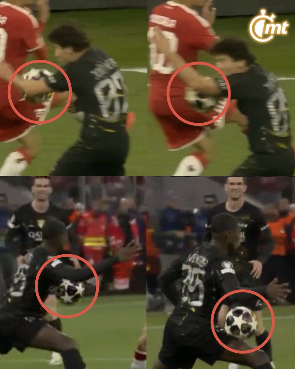 mediotiempo's tweet image. ¡¡POLÉMICA!!🚨
¡¡POLÉMICA!!🚨

Dos manos en el Bayern vs PSG que el árbitro decidió no marcar. ❌

🔺 Nuno Mendes se pudo haber ido expulsado por doble amarilla pero el árbitro no lo amonestó. 

🔺 Mano de Joao Neves en el área, el árbitro no marcó penal ni lo llamaron del VAR.
