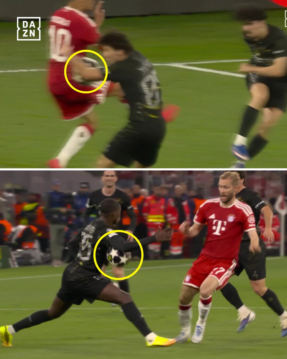 DAZNFootball's tweet photo. Two controversial handball moments in Munich.

One could have been a second yellow for Nuno Mendes.
The other looked like a clear penalty against PSG.
Drama everywhere. 🍿 #UCL https://t.co/l8sjfuu4BK