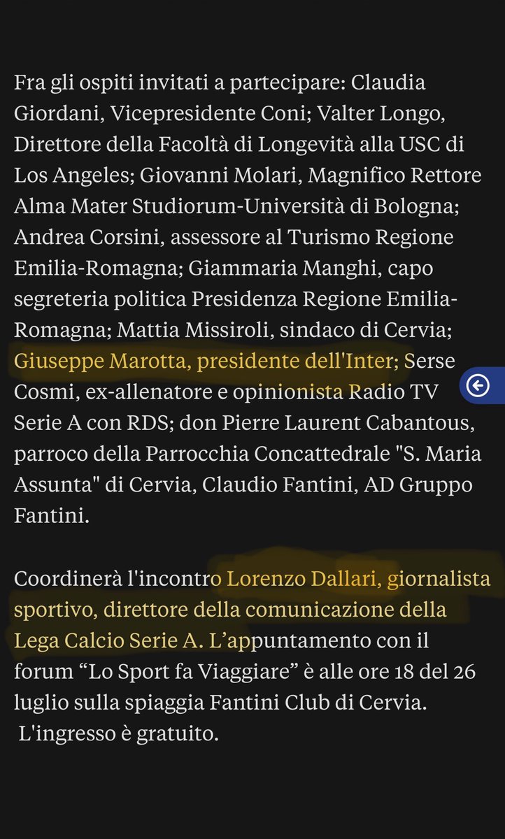 Allora. Domani il pm #Ascione interroga Lorenzo Dallari, direttore editoriale della Lega #SerieA.

Cerco velocemente chi sia. E cosa trovo? Una “fantastica serata” a Cervia nell’estate 2024, intitolata Lo sport fa viaggiare. Coordinatore: Lorenzo Dallari. Tra gli ospiti illustri