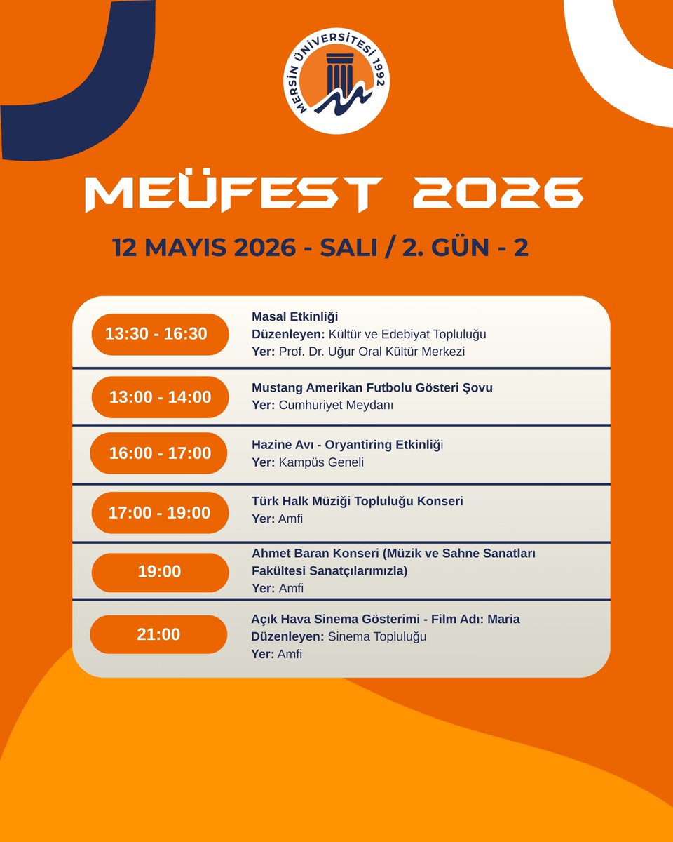 meukurumsal's tweet photo. Yılın En Heyecanlı ve Merakla Beklenen Festivali, MEÜFEST 2026 Başlıyor! 🎉 Hazır Mısınız❓

11-13 Mayıs tarihlerinde; birbirinden renkli atölyeler, yarışmalar, oyunlar, açık hava sineması, amfi konserleri, DJ performansları ve stadyumdaki sürpriz konserimizle unutulmaz anılar biriktirmeye hazır olun 🥳

Eğlence dolu bu 3 günde sen de coşkuya ortak olmayı unutma! 🤩

#MersinÜniversitesi #MEUFEST2026