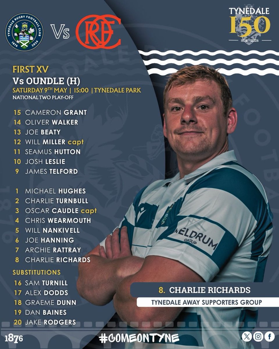 TynedaleRFC's tweet photo. SQUAD SELECETION
The Squad to take on Oundle in Saturdays Play-Off at Tynedale Park.
Miller returns in the Centre,  Roberts out due to Injury. Leslie in for  Rodgers who drops to the bench. Turnbull returns at Hooker &amp; Richards comes into the back row
https://t.co/TFyLBo3LQJ https://t.co/baVwHDrgV6