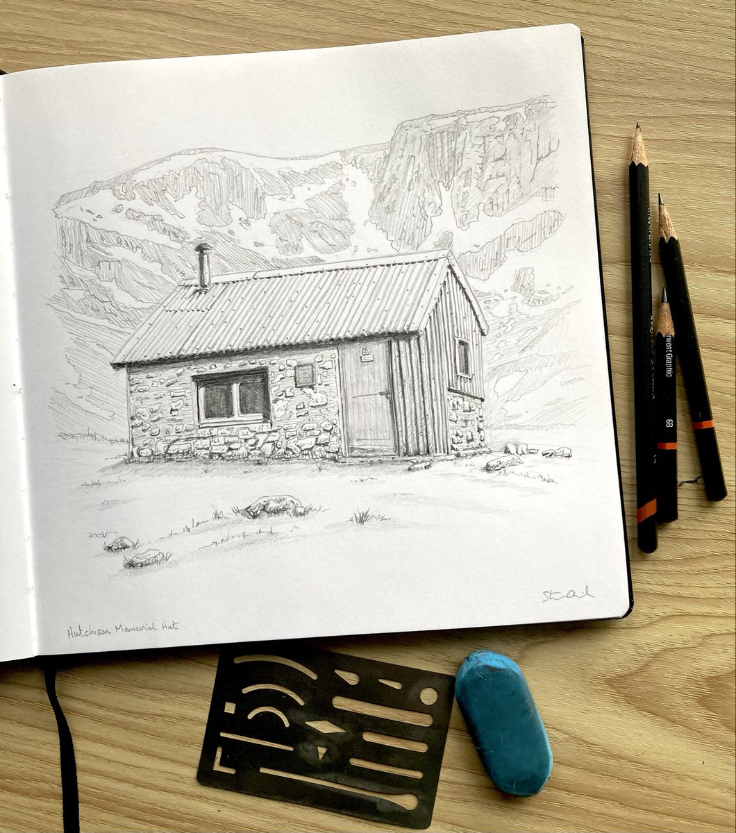 stephenoneil's tweet photo. Drawing ✍️ finished. Hutchison Memorial Hut in the Cairngorms. #bothy #bothylife #cairngorms #drawing #pencildrawings https://t.co/UYyGyKldC0