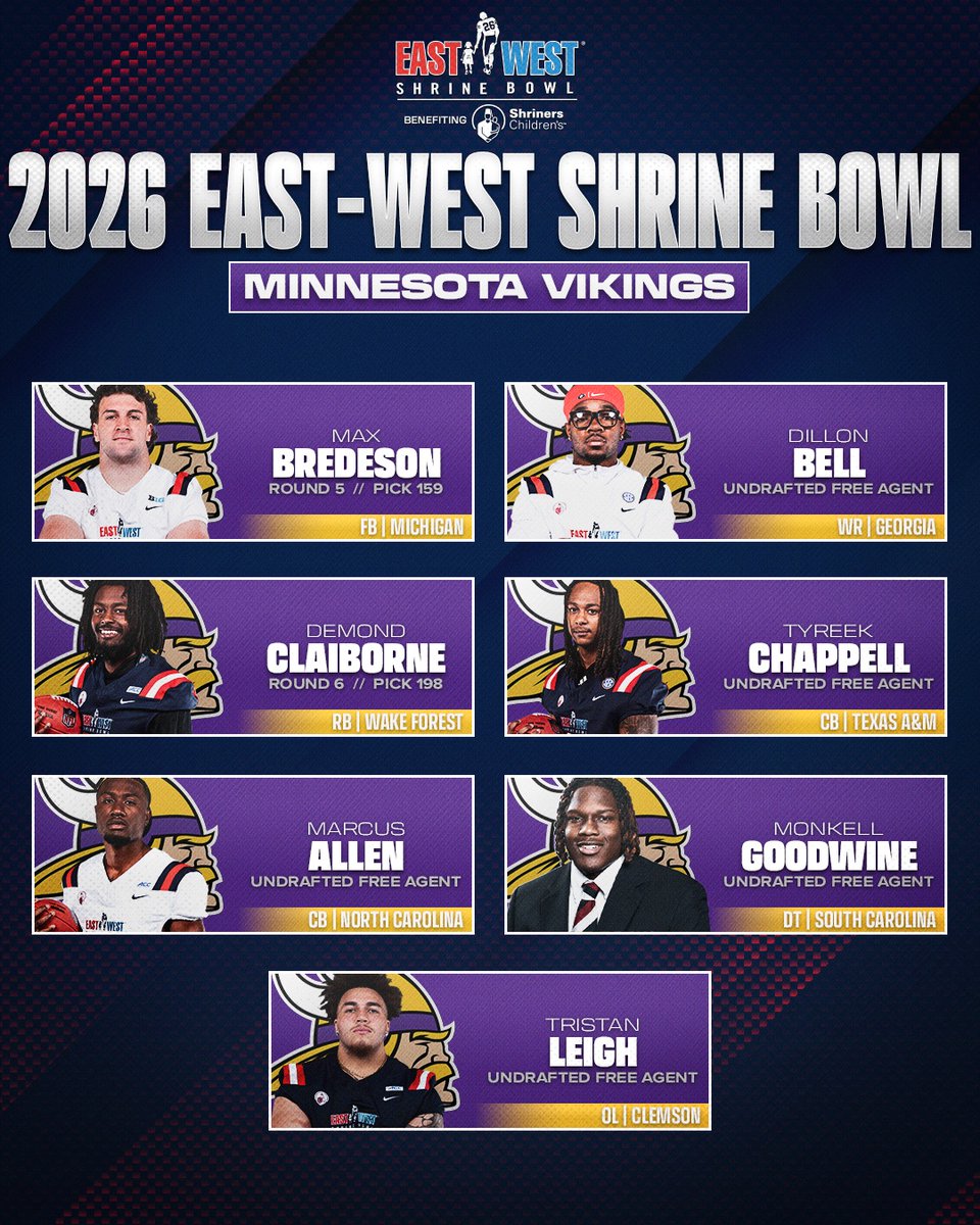 ShrineBowl's tweet photo. The 2026 East-West Shrine Bowl @Vikings!

💫 Max Bredeson (@BredesonMax)
💫 Demond Claiborne (@ClaiborneDemond)
💫 Marcus Allen (@MarcusXAllen7)
💫 Dillon Bell (@dillonbell6_)
💫 Tyreek Chappell (@chappell_tyreek)
💫 Monkell Goodwine (@MonkellGoodwine)
💫 Tristan Leigh (@Leigh71Tristan)

#ShrineBowlPRO | #SKOL