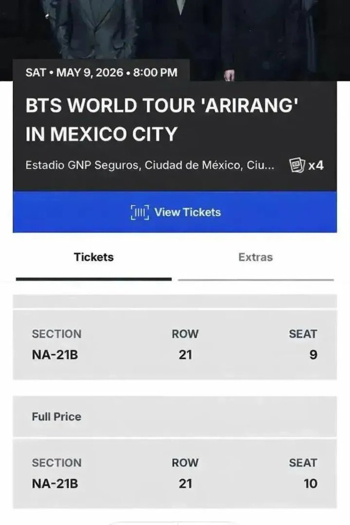 🎤💜 Venta de boletos BTS – CDMX 💜
✨ Se venden 4 boletos para ver a BTS en vivo
📅 9 de mayo de 2026
📍 Estadio GNP Seguros, Ciudad de México
🎟️ Sección: NA-21B
📍 Fila: 21
💺 Asientos juntos
💰 $2,000 MXN por boleto
⚡ Disponibles por tiempo limitado
Dm mow
