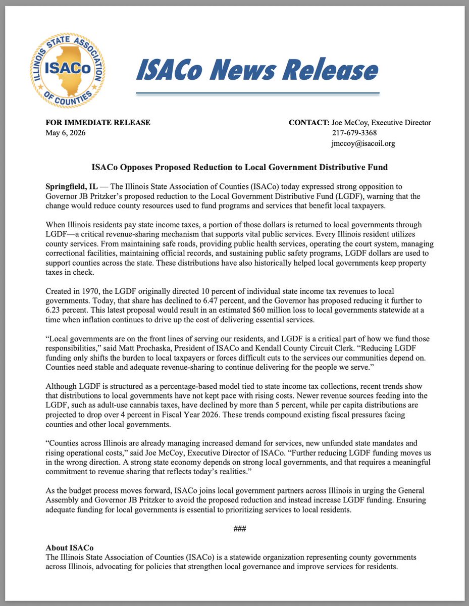 JoeMcCoy_'s tweet photo. ISACo's News Release on the proposed reduction of LGDF revenue to counties and municipalities. https://t.co/ChLk2731Xb
