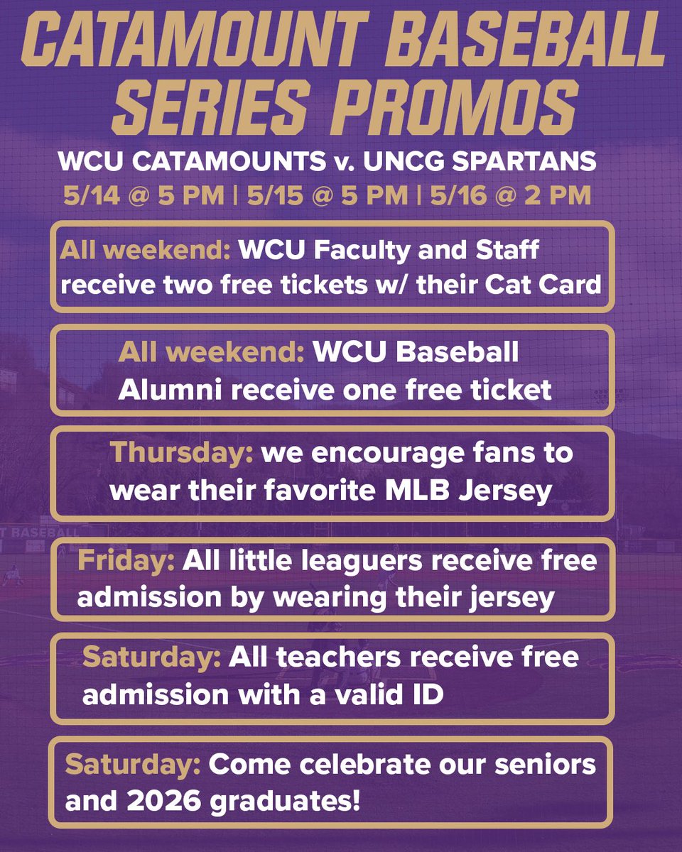 Catamounts's tweet photo. We’ve got a great series in store next weekend for your first place Catamount Baseball team! Don’t miss your last chance to see the Cats at home before heading to Greenville for the Southern Conference Tournament. Get your tickets today by visiting https://t.co/YEzDoq0Dns or calling 828-227-2401.