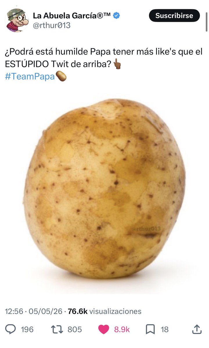 arnemx's tweet photo. Hola @monerohernandez. Solo pasaba a saludar y dejarte información sobre un influencer llamado papa 🥔 que tiene más impacto que tú.
#TeamPapa 🥔 https://t.co/KkonDM7Dfb