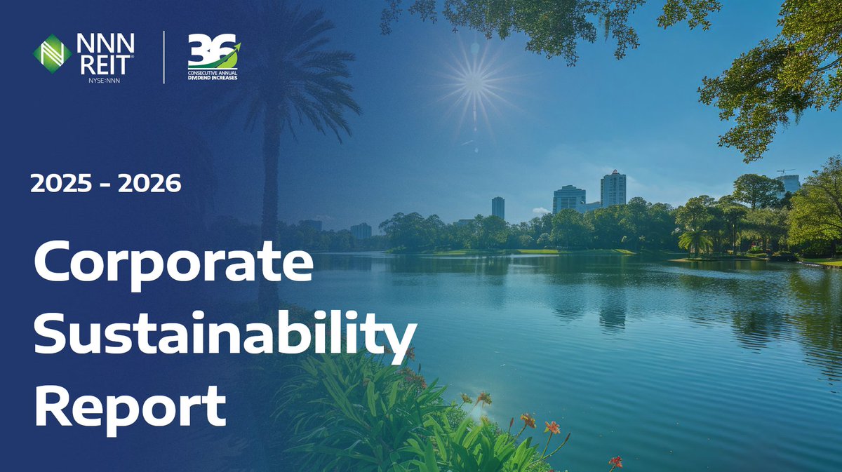 NNNreit's tweet photo. We’re pleased to announce the release of our 2025-26 Corporate Sustainability Report.

This report highlights our focus on creating long-term value for shareholders through disciplined governance, a supportive workplace, community investment, and responsible environmental practices.

Read the full report here: https://t.co/VbD03CL5bK

#NYSEnnn #NNNREIT #IncreasingDividends