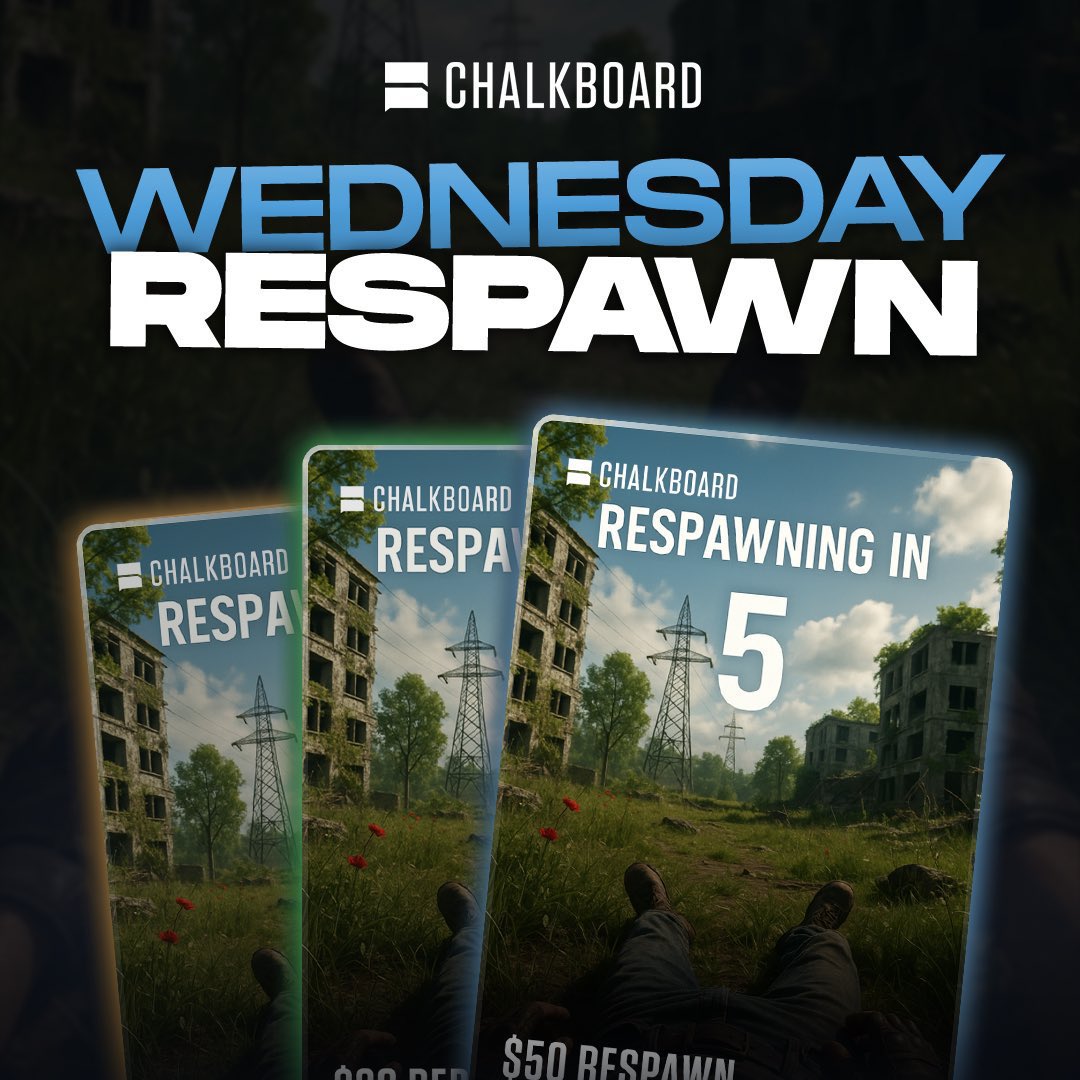 🚨 WEDNESDAY RESPAWN GIVEAWAY 🚨

We're giving away 10 Respawn Cards today! To enter, do the following:
         
👍 Like + repost
📲 Reply with a picture of a losing entry
🫂 Follow <a href="/ChalkboardHQ/">Chalkboard</a>