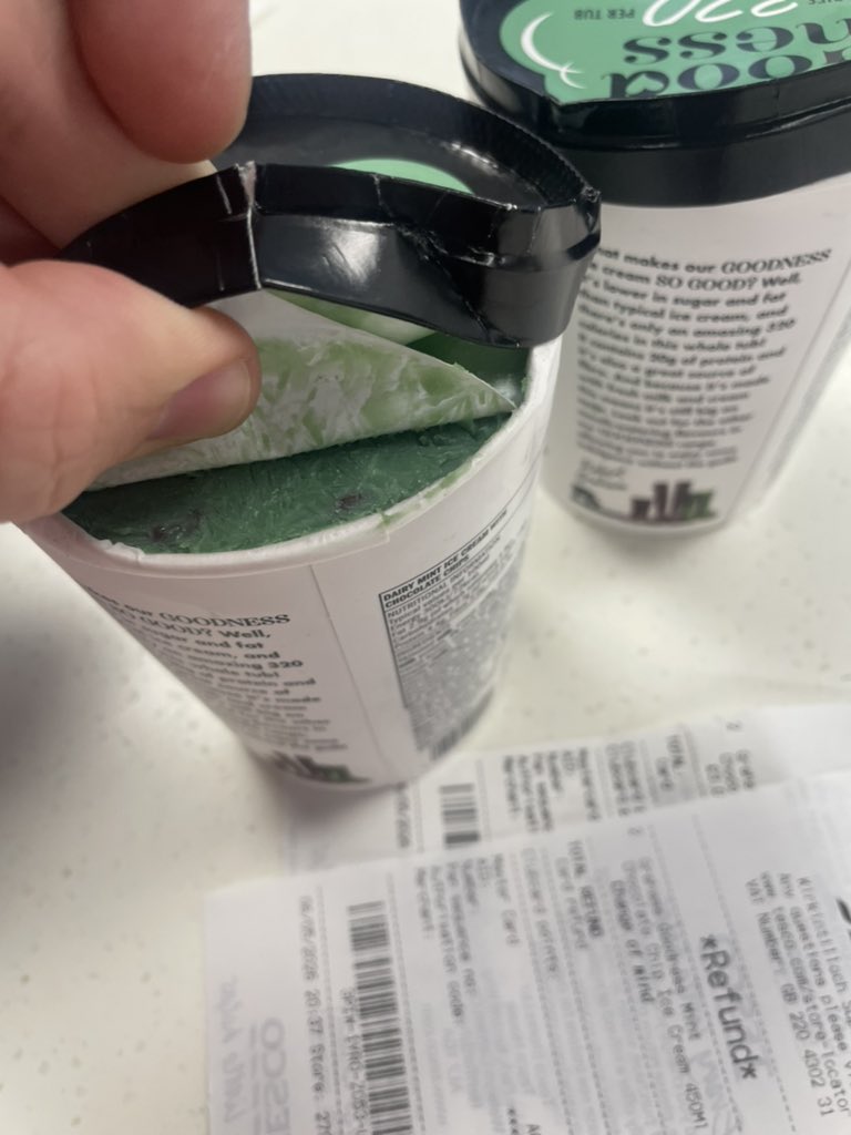 StirlingOwl's tweet photo. @GrahamsDairy Something is wrong with your Goodness Mint choc Ice cream line. I’ve purchased recently from 3 different Tesco’s and all are appearing like this, like it’s been defrosted and refrozen. There’s also a big air gap at the base. We’ve been buying this for years 😢 https://t.co/Fv6jSLo6zm