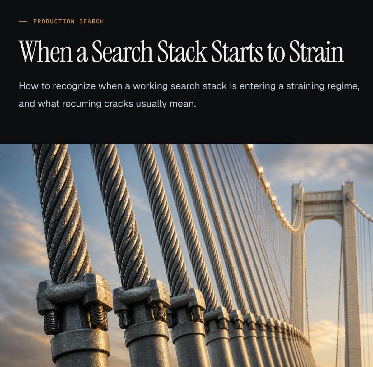 searchplex's tweet photo. A search stack can keep working even as it starts getting harder to maintain. 

In this new blog post, we look at how to recognize when a search system is moving from a healthy regime into a straining one and what the recurring cracks usually mean. https://t.co/bdiH6sbcxT