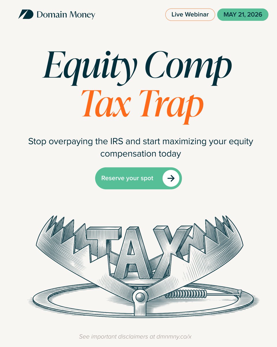 domainmoney's tweet photo. Your equity comp is worth a lot less if you don't plan around the taxes. Live webinar May 21: https://t.co/sREiBqP7lG https://t.co/j56G3XMYr4