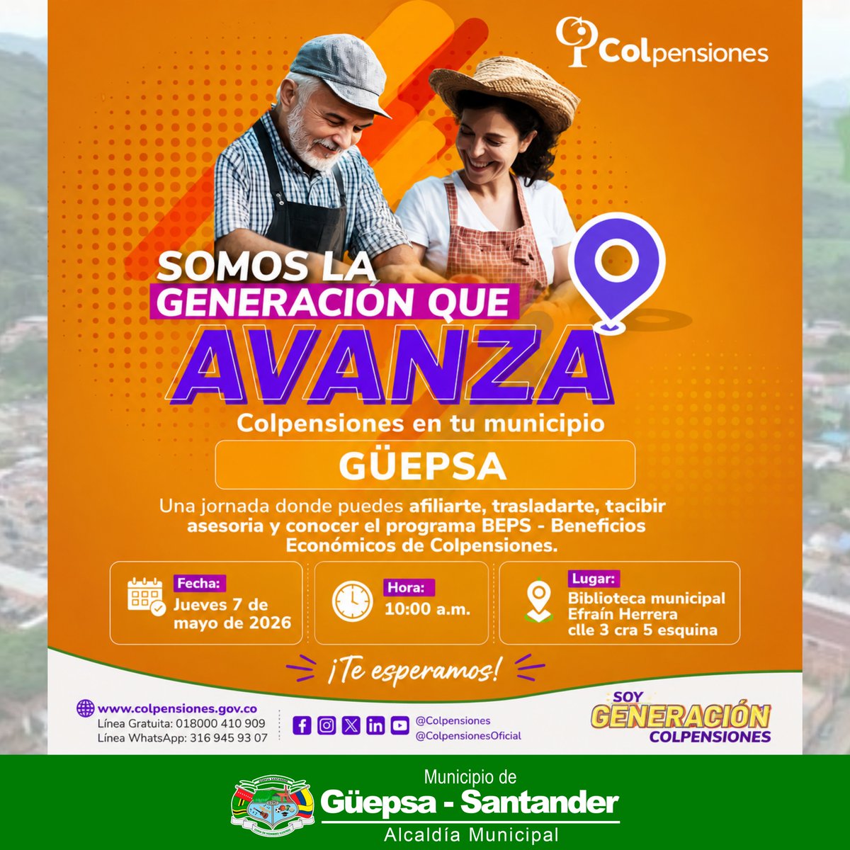 AGuepsa's tweet photo. La Administración Municipal invita a toda la comunidad a participar en esta importante jornada donde podrás afiliarte, trasladarte, recibir asesoría y conocer el programa BEPS (Beneficios Económicos Periódicos) Diciendo y haciendo por los Güepsanos. @Colpensiones https://t.co/V3k5uAkQvc